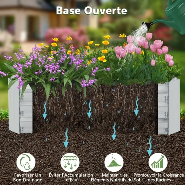 Carré Potager de Jardin Rectangulaire en Fer Galvanisé 182x93x30 CM Jardinière Surélevée Bac à Fleurs avec Base Ouverte