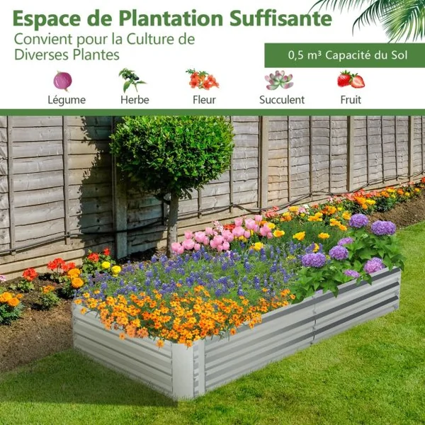 Carré Potager de Jardin Rectangulaire en Fer Galvanisé 182x93x30 CM Jardinière Surélevée Bac à Fleurs avec Base Ouverte