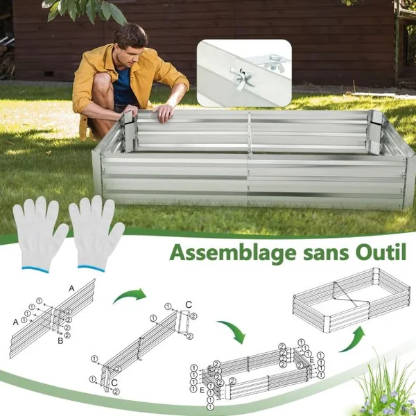 Carré Potager de Jardin Rectangulaire en Fer Galvanisé 182x93x30 CM Jardinière Surélevée Bac à Fleurs avec Base Ouverte