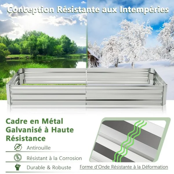 Carré Potager de Jardin Rectangulaire en Fer Galvanisé 242x122x30 CM Jardinière Surélevée Bac à Fleurs avec Base Ouverte