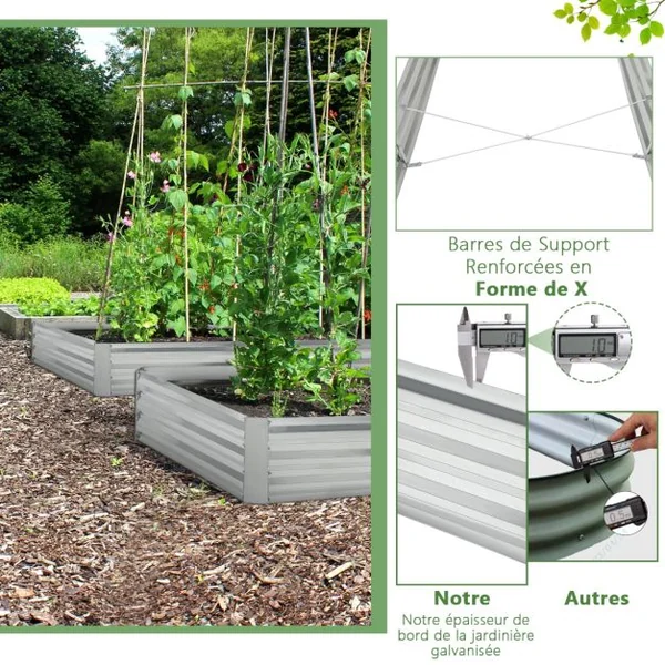 Carré Potager de Jardin Rectangulaire en Fer Galvanisé 242x122x30 CM Jardinière Surélevée Bac à Fleurs avec Base Ouverte