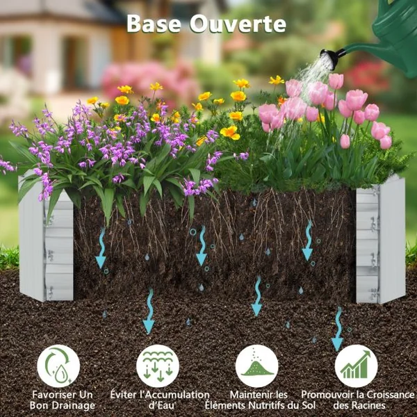 Carré Potager de Jardin Rectangulaire en Fer Galvanisé 242x122x30 CM Jardinière Surélevée Bac à Fleurs avec Base Ouverte
