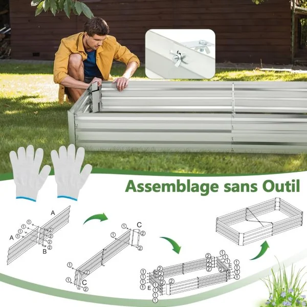 Carré Potager de Jardin Rectangulaire en Fer Galvanisé 242x122x30 CM Jardinière Surélevée Bac à Fleurs avec Base Ouverte