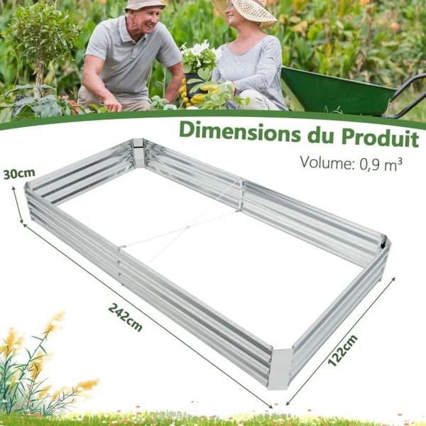 Carré Potager de Jardin Rectangulaire en Fer Galvanisé 242x122x30 CM Jardinière Surélevée Bac à Fleurs avec Base Ouverte