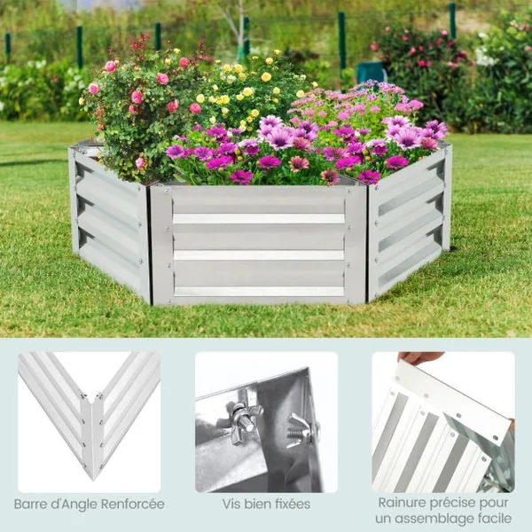 Carré Potager de Jardin Triangulaire en Fer Galvanisé avec 6 Espaces 150x150x30 CM Jardinière Surélevée avec Base Ouverte