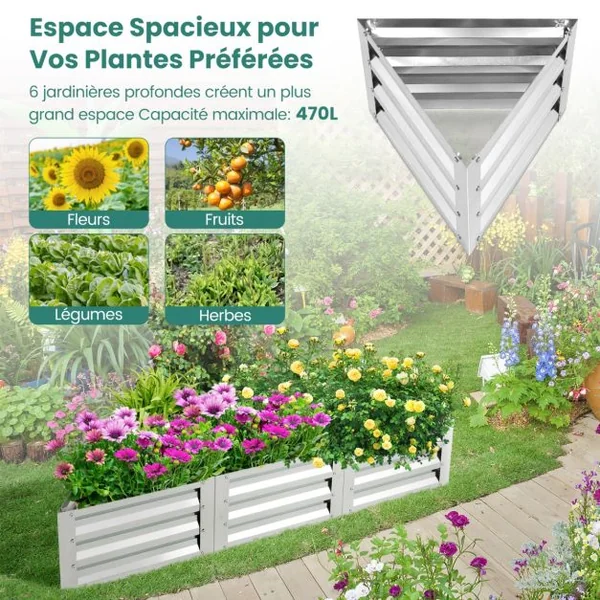 Carré Potager de Jardin Triangulaire en Fer Galvanisé avec 6 Espaces 150x150x30 CM Jardinière Surélevée avec Base Ouverte