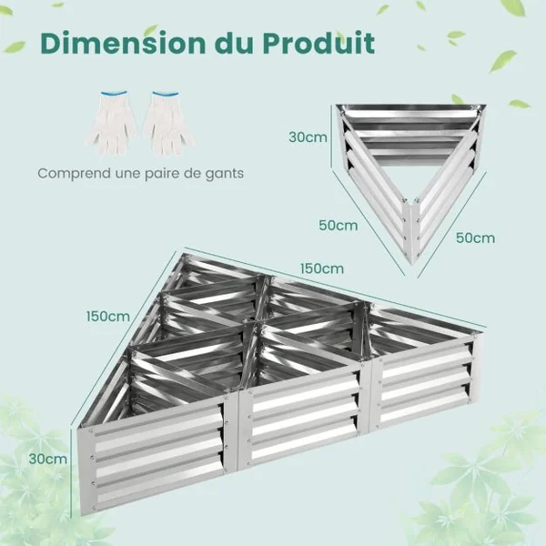 Carré Potager de Jardin Triangulaire en Fer Galvanisé avec 6 Espaces 150x150x30 CM Jardinière Surélevée avec Base Ouverte