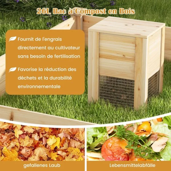 Carré Potager en Bois de Sapin 124x124x25,5CM Bac à Compost Base Ouverte Peinture DIY Fruits Fleurs Légumes Naturel
