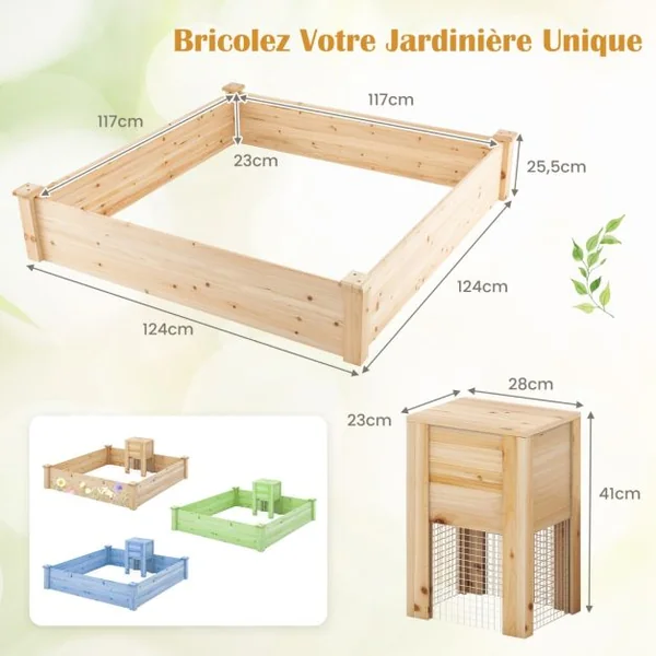 Carré Potager en Bois de Sapin 124x124x25,5CM Bac à Compost Base Ouverte Peinture DIY Fruits Fleurs Légumes Naturel