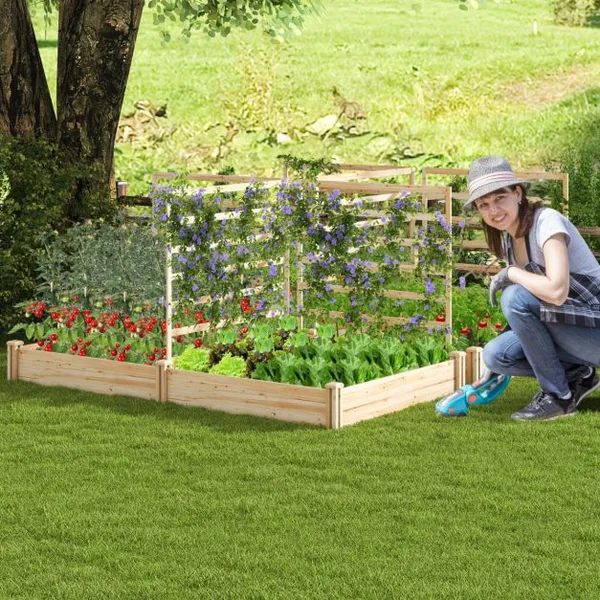Carré Potager en Bois de Sapin 222x114x110CM 3 Treillis Base Ouverte Vignes Grimpantes Fruits Fleurs Légumes Naturel
