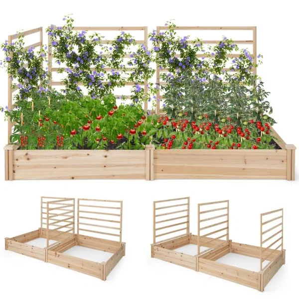 Carré Potager en Bois de Sapin 222x114x110CM 3 Treillis Base Ouverte Vignes Grimpantes Fruits Fleurs Légumes Naturel