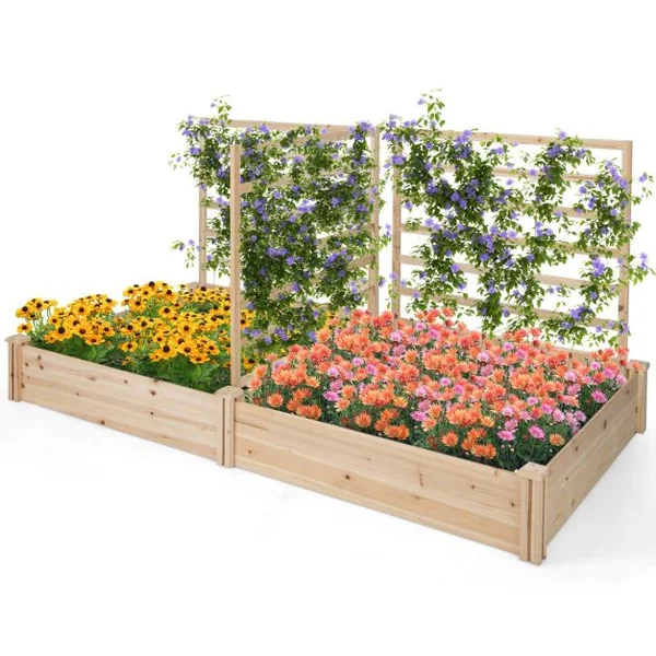Carré Potager en Bois de Sapin 222x114x110CM 3 Treillis Base Ouverte Vignes Grimpantes Fruits Fleurs Légumes Naturel