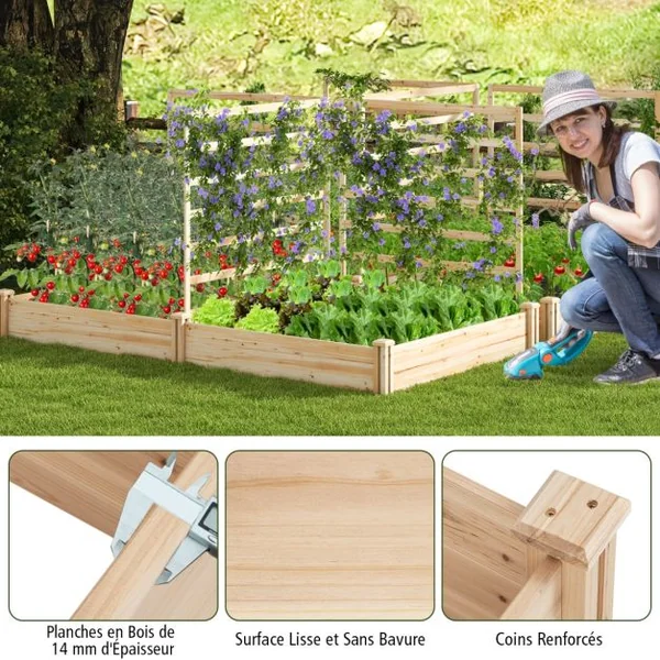 Carré Potager en Bois de Sapin 222x114x110CM 3 Treillis Base Ouverte Vignes Grimpantes Fruits Fleurs Légumes Naturel