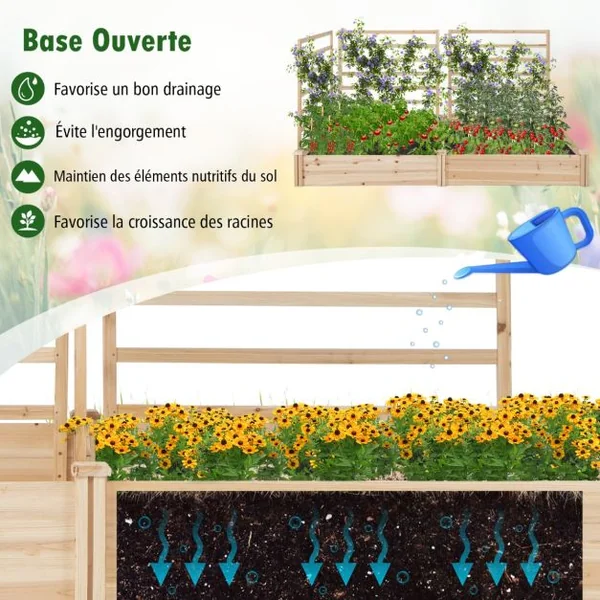 Carré Potager en Bois de Sapin 222x114x110CM 3 Treillis Base Ouverte Vignes Grimpantes Fruits Fleurs Légumes Naturel