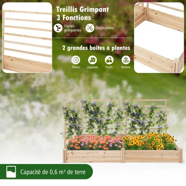 Carré Potager en Bois de Sapin 222x114x110CM 3 Treillis Base Ouverte Vignes Grimpantes Fruits Fleurs Légumes Naturel
