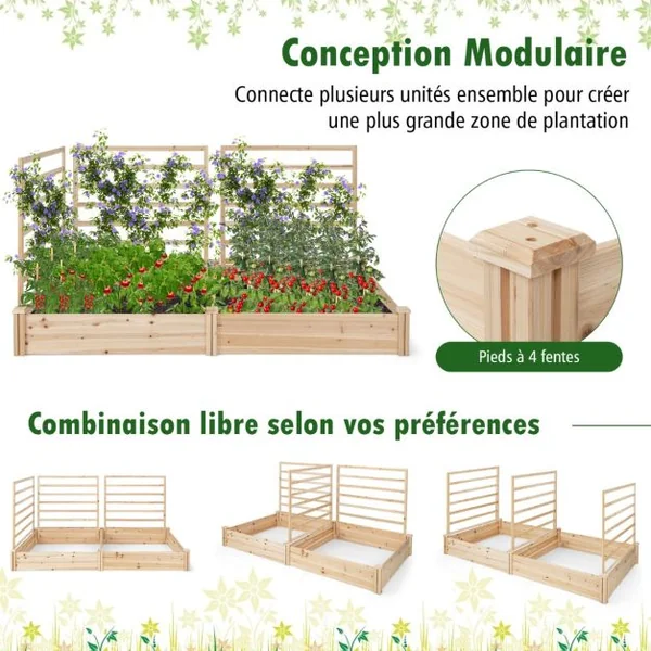 Carré Potager en Bois de Sapin 222x114x110CM 3 Treillis Base Ouverte Vignes Grimpantes Fruits Fleurs Légumes Naturel