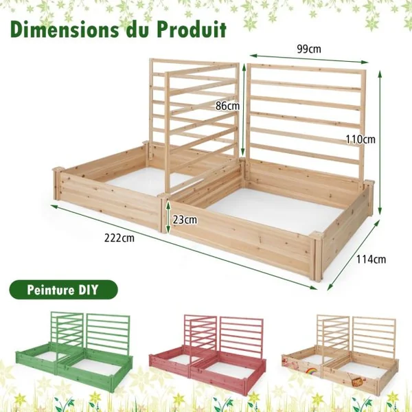 Carré Potager en Bois de Sapin 222x114x110CM 3 Treillis Base Ouverte Vignes Grimpantes Fruits Fleurs Légumes Naturel