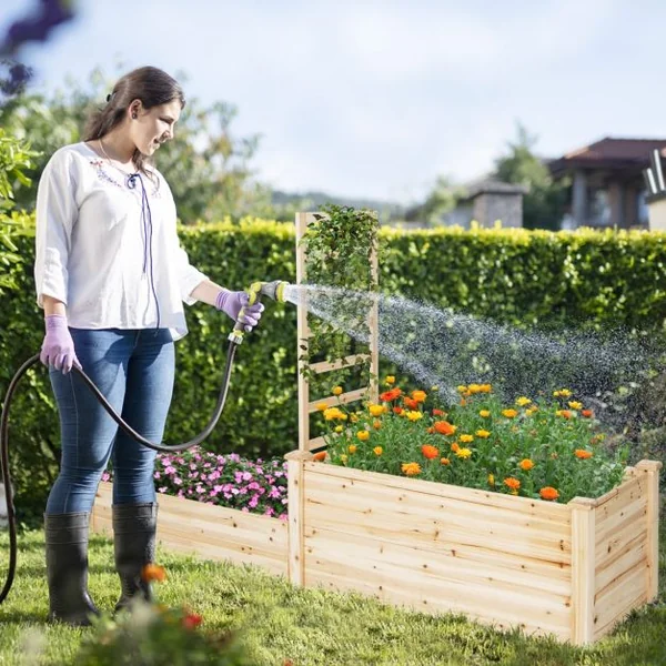 Carré Potager en Bois de Sapin 223x64x134CM Treillis Base Ouverte Peinture DIY Vignes Grimpantes Fruits Fleurs Légumes Naturel