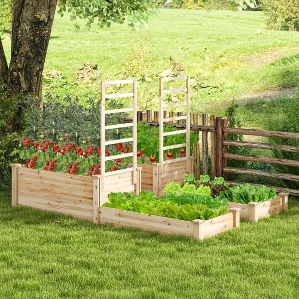 Carré Potager en Bois de Sapin 223x64x134CM Treillis Base Ouverte Peinture DIY Vignes Grimpantes Fruits Fleurs Légumes Naturel