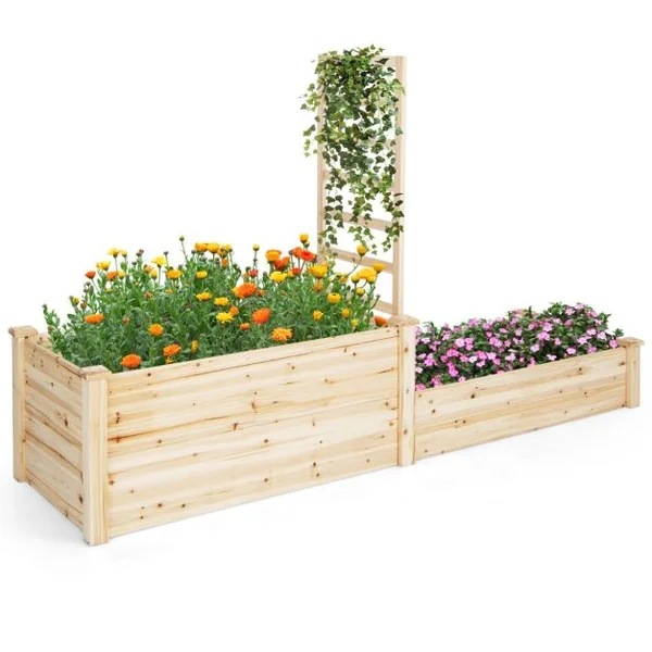 Carré Potager en Bois de Sapin 223x64x134CM Treillis Base Ouverte Peinture DIY Vignes Grimpantes Fruits Fleurs Légumes Naturel