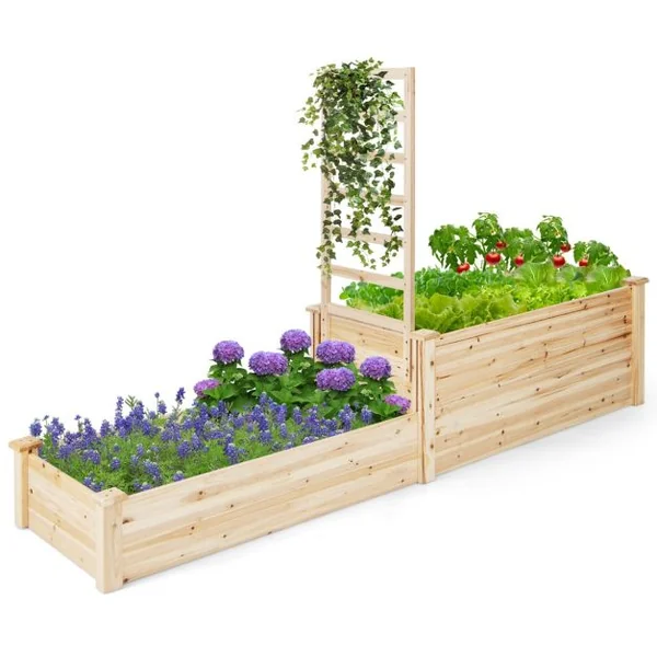 Carré Potager en Bois de Sapin 223x64x134CM Treillis Base Ouverte Peinture DIY Vignes Grimpantes Fruits Fleurs Légumes Naturel