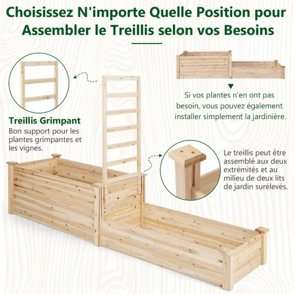 Carré Potager en Bois de Sapin 223x64x134CM Treillis Base Ouverte Peinture DIY Vignes Grimpantes Fruits Fleurs Légumes Naturel