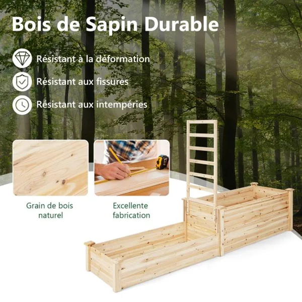 Carré Potager en Bois de Sapin 223x64x134CM Treillis Base Ouverte Peinture DIY Vignes Grimpantes Fruits Fleurs Légumes Naturel