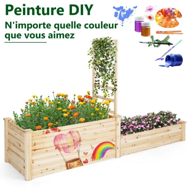 Carré Potager en Bois de Sapin 223x64x134CM Treillis Base Ouverte Peinture DIY Vignes Grimpantes Fruits Fleurs Légumes Naturel