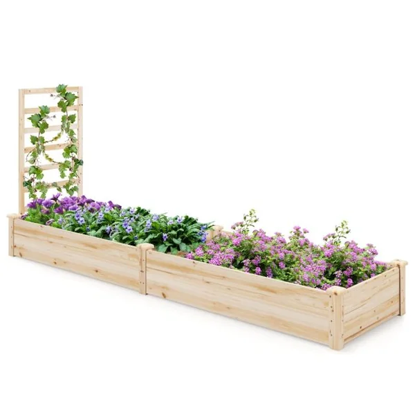 Carré Potager en Bois de Sapin 235x63x102CM Treillis Base Ouverte Peinture DIY Vignes Grimpantes Fruits Fleurs Légumes Naturel