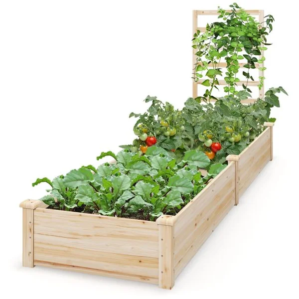Carré Potager en Bois de Sapin 235x63x102CM Treillis Base Ouverte Peinture DIY Vignes Grimpantes Fruits Fleurs Légumes Naturel