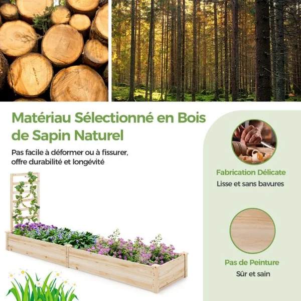 Carré Potager en Bois de Sapin 235x63x102CM Treillis Base Ouverte Peinture DIY Vignes Grimpantes Fruits Fleurs Légumes Naturel