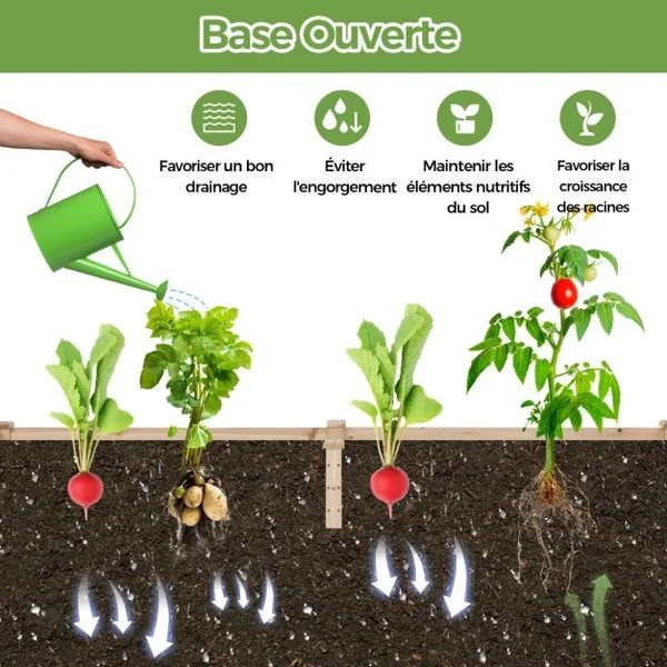Carré Potager en Bois de Sapin 235x63x102CM Treillis Base Ouverte Peinture DIY Vignes Grimpantes Fruits Fleurs Légumes Naturel