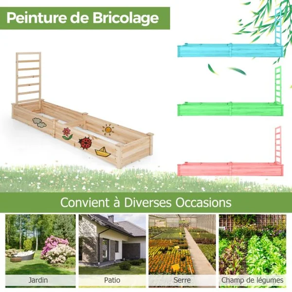 Carré Potager en Bois de Sapin 235x63x102CM Treillis Base Ouverte Peinture DIY Vignes Grimpantes Fruits Fleurs Légumes Naturel
