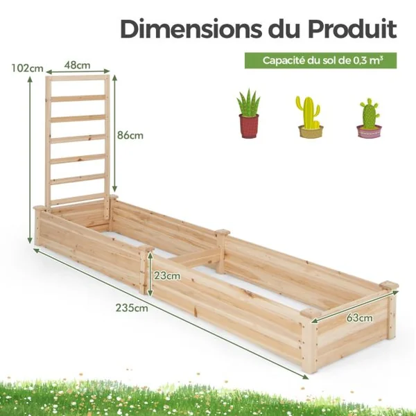 Carré Potager en Bois de Sapin 235x63x102CM Treillis Base Ouverte Peinture DIY Vignes Grimpantes Fruits Fleurs Légumes Naturel