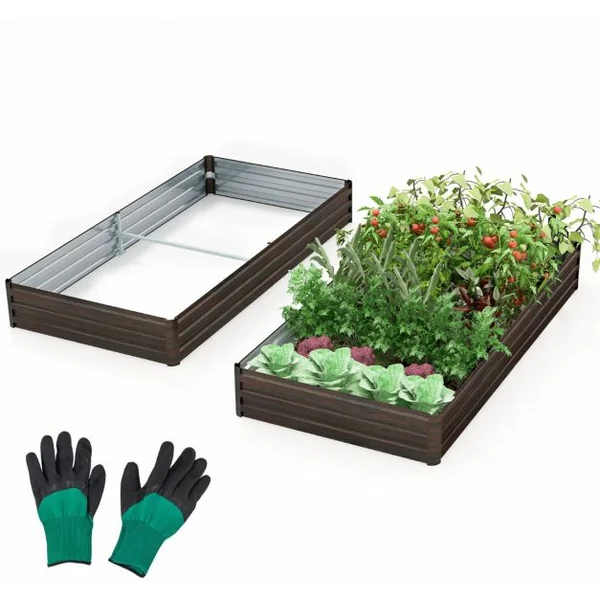 Carré potager Rectangulaire en Métal 240x120x30CM Base Ouverte Support Renforcé Paire de Gants Fruits Fleurs Légumes