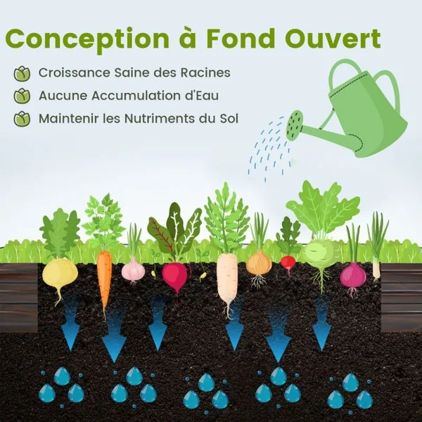 Carré potager Rectangulaire en Métal 240x120x30CM Base Ouverte Support Renforcé Paire de Gants Fruits Fleurs Légumes