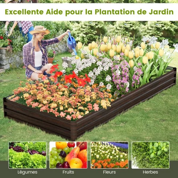 Carré potager Rectangulaire en Métal 240x120x30CM Base Ouverte Support Renforcé Paire de Gants Fruits Fleurs Légumes