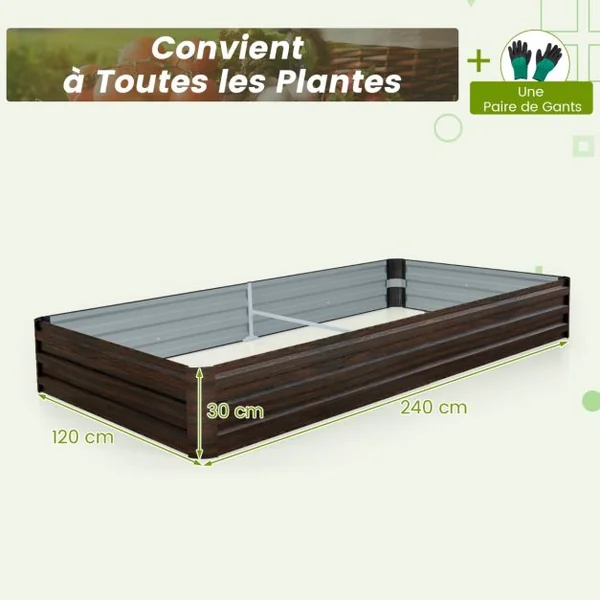 Carré potager Rectangulaire en Métal 240x120x30CM Base Ouverte Support Renforcé Paire de Gants Fruits Fleurs Légumes