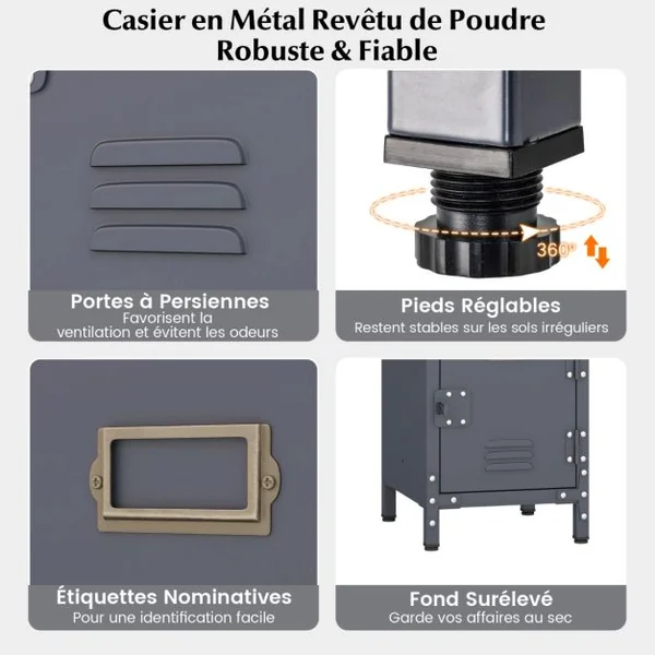 Casier de Rangement en Métal à 3 Niveaux Armoire Industrielle de 100 cm 3 Portes Verrouillables Pieds Réglables Kit Anti-Renversement