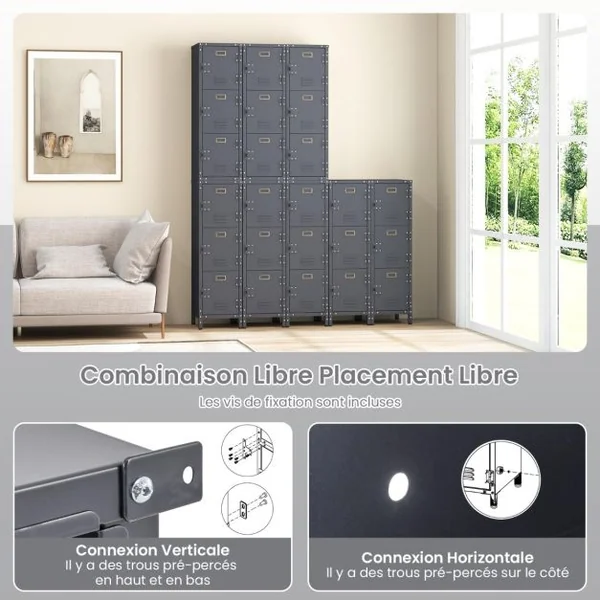 Casier de Rangement en Métal à 3 Niveaux Armoire Industrielle de 100 cm 3 Portes Verrouillables Pieds Réglables Kit Anti-Renversement