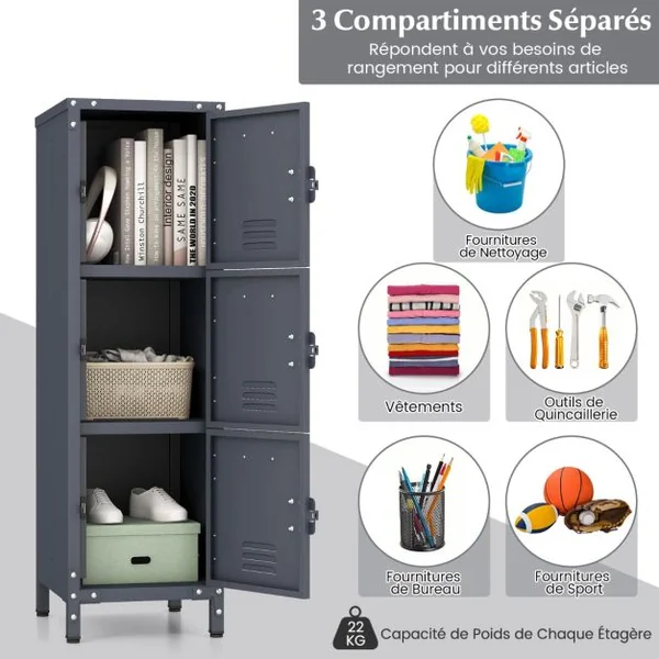 Casier de Rangement en Métal à 3 Niveaux Armoire Industrielle de 100 cm 3 Portes Verrouillables Pieds Réglables Kit Anti-Renversement