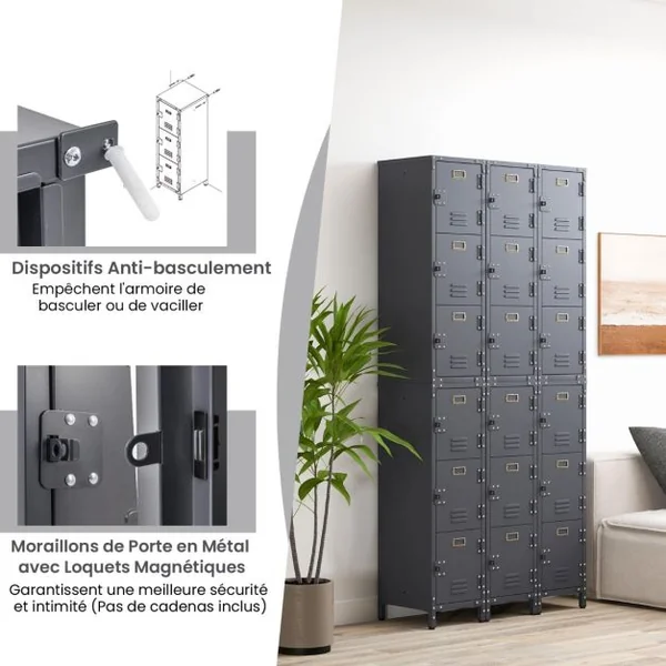 Casier de Rangement en Métal à 3 Niveaux Armoire Industrielle de 100 cm 3 Portes Verrouillables Pieds Réglables Kit Anti-Renversement