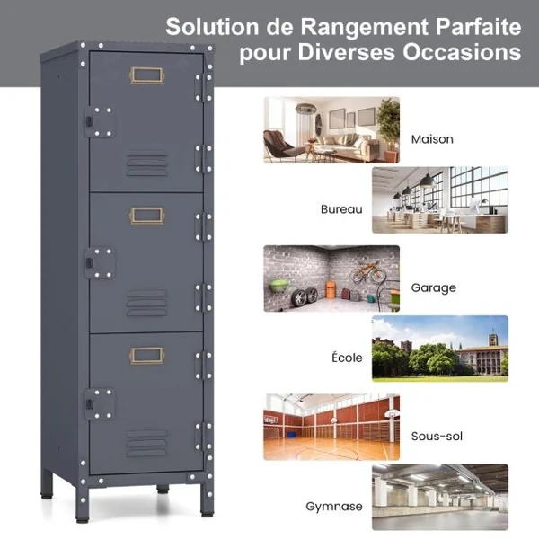 Casier de Rangement en Métal à 3 Niveaux Armoire Industrielle de 100 cm 3 Portes Verrouillables Pieds Réglables Kit Anti-Renversement