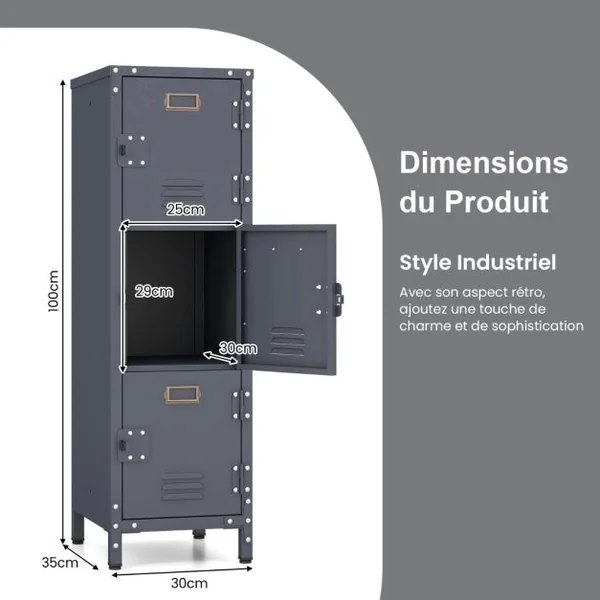 Casier de Rangement en Métal à 3 Niveaux Armoire Industrielle de 100 cm 3 Portes Verrouillables Pieds Réglables Kit Anti-Renversement