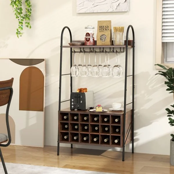 Casier à Vin 18 Bouteilles 5 Rangées de Porte-gobelets Dispositif Anti-basculement 2 Étagères Hauteur de 115CM Café