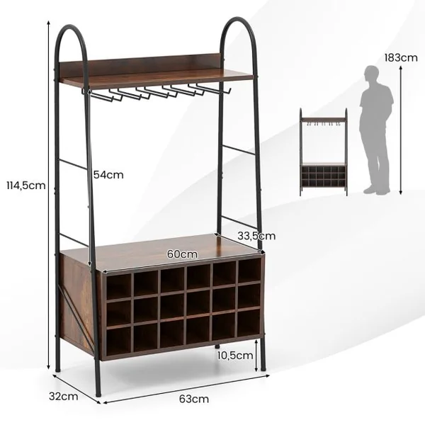 Casier à Vin 18 Bouteilles 5 Rangées de Porte-gobelets Dispositif Anti-basculement 2 Étagères Hauteur de 115CM Café