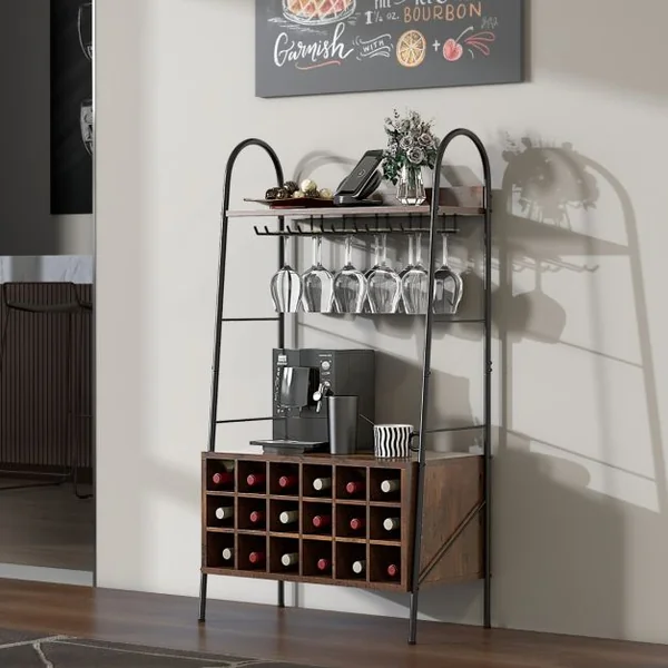 Casier à Vin 18 Bouteilles 5 Rangées de Porte-gobelets Dispositif Anti-basculement 2 Étagères Hauteur de 115CM Café