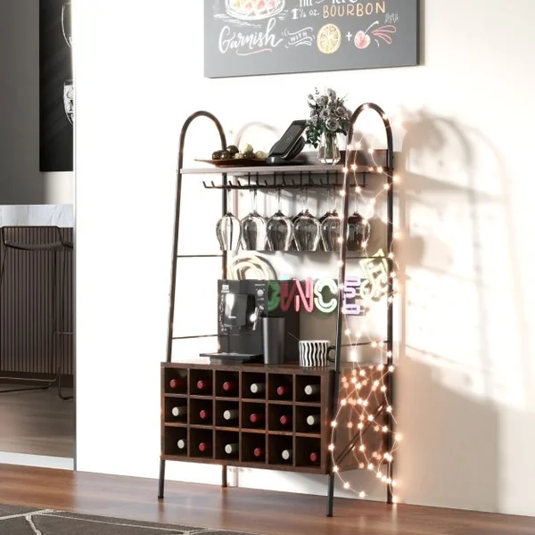 Casier à Vin 18 Bouteilles 5 Rangées de Porte-gobelets Dispositif Anti-basculement 2 Étagères Hauteur de 115CM Café