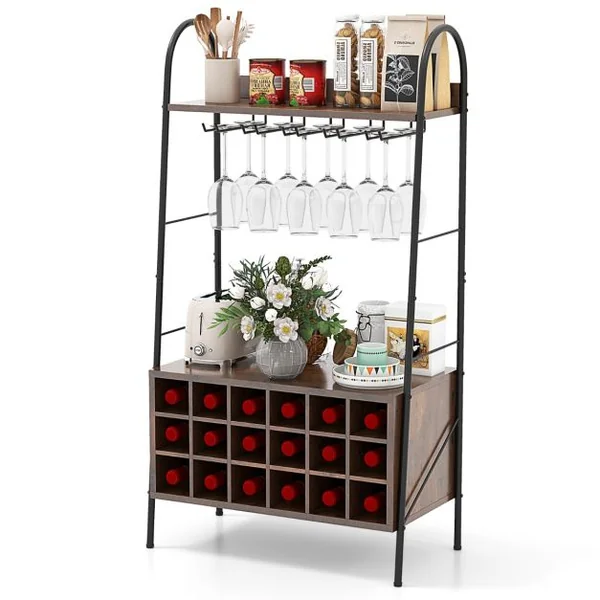 Casier à Vin 18 Bouteilles 5 Rangées de Porte-gobelets Dispositif Anti-basculement 2 Étagères Hauteur de 115CM Café