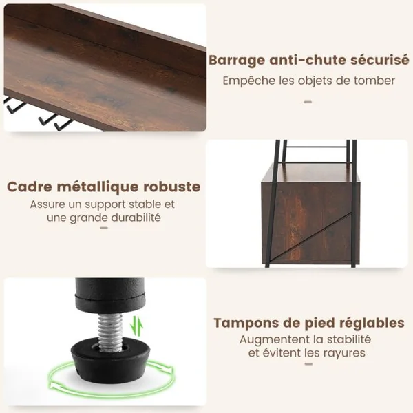 Casier à Vin 18 Bouteilles 5 Rangées de Porte-gobelets Dispositif Anti-basculement 2 Étagères Hauteur de 115CM Café